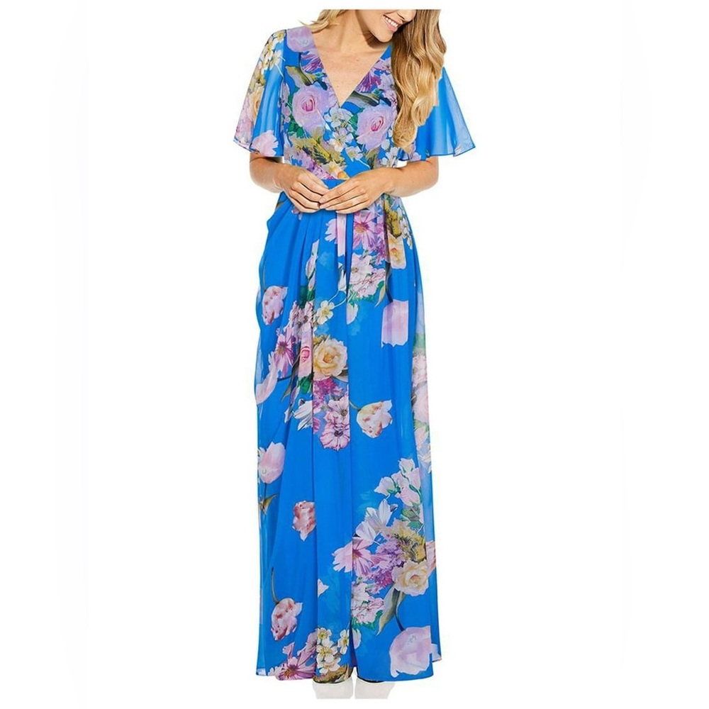 Adrianna Papell Multicolor Floral Chiffon Maxi Dress Gown Flutter Sleeve Size 6